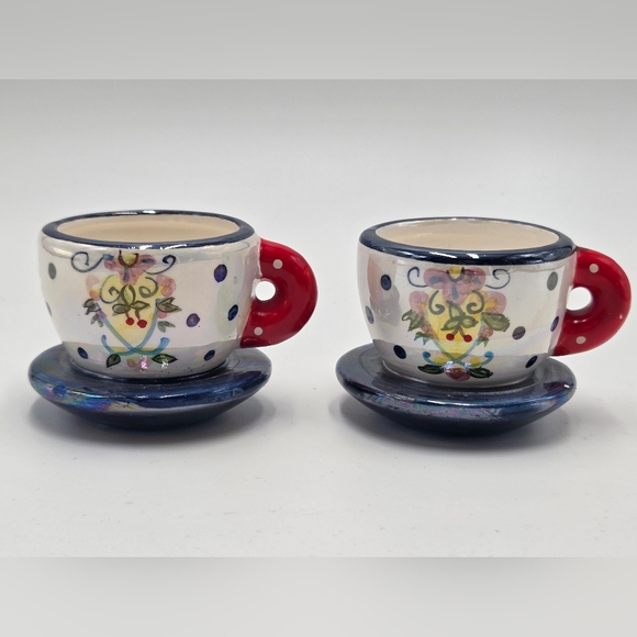 Mary Engelbreit Other - 2 pcs Mary Engelbreit Miniature Tea Cup On Saucer Ornament Luster Polka Dots 2